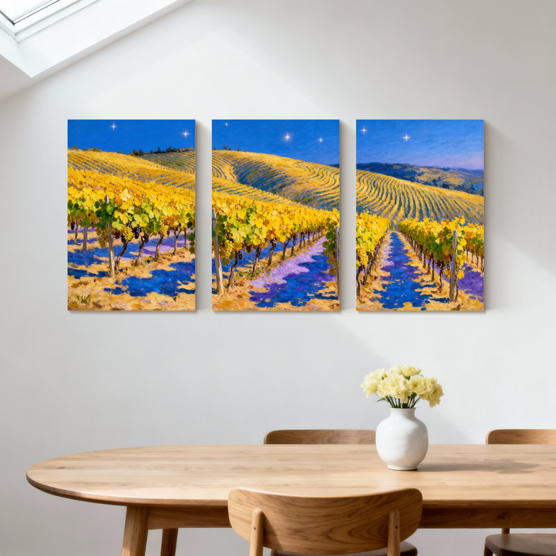 Ensemble de 3 reproductions abstraites de vignobles sous un ciel étoilé, impressions sur toile, H 36 po x l 72 po