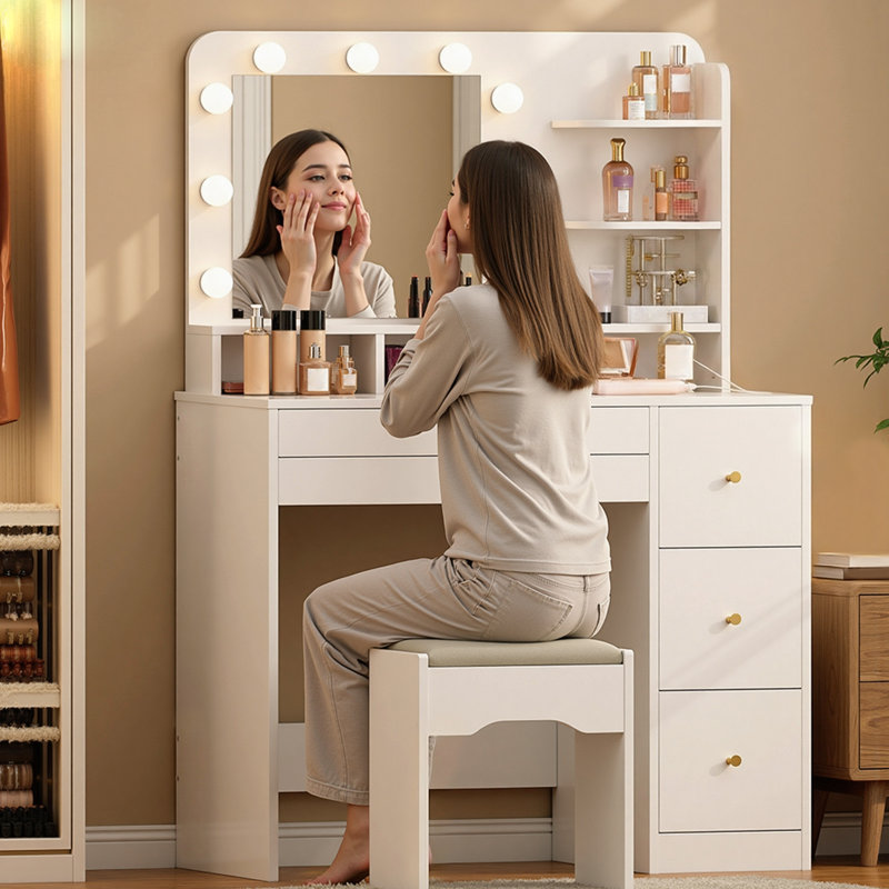 Commode 5 tiroirs avec miroir et éclairage à DEL réglable