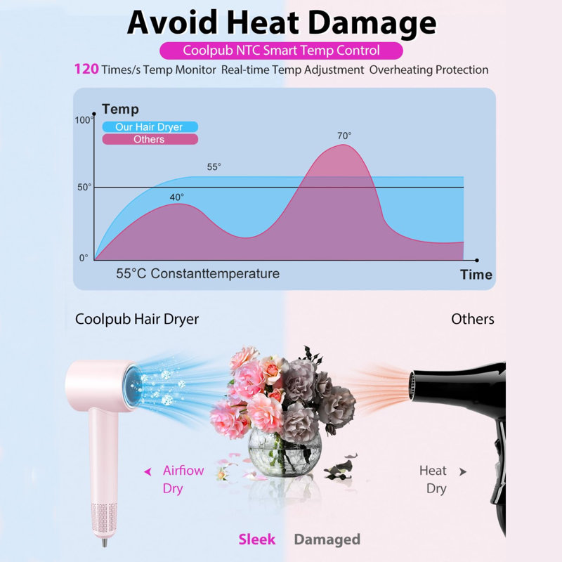 Hair Dryer, 180000 RPM High-Speed Brushless Motor 500 Million Negative Ionic Blow Dryer for Fast Drying, Quiet Thermo-Control for Home, Travel & Salon