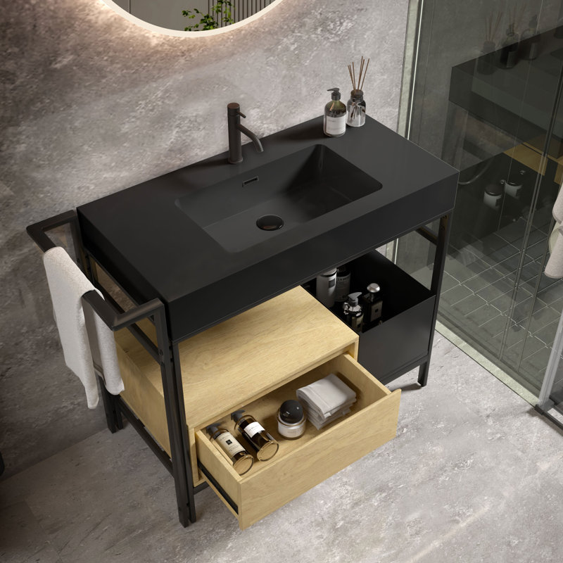 36" Bathroom Vanity with Sink, Metal Legs, Towel Rack, Drawer & Laundry Basket, 1, Matte Black