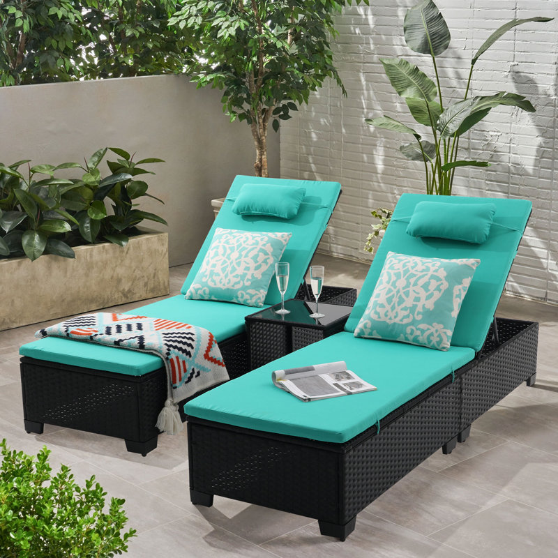 3 Pcs Patio Chaise Lounge with Coffee Table Cushion&Pillow Outdoor Lounge Chair Chaise Lounger Patio Reclining Chair 5 Angle Adjustment PE Rattan for Courtyards Poolside Garden