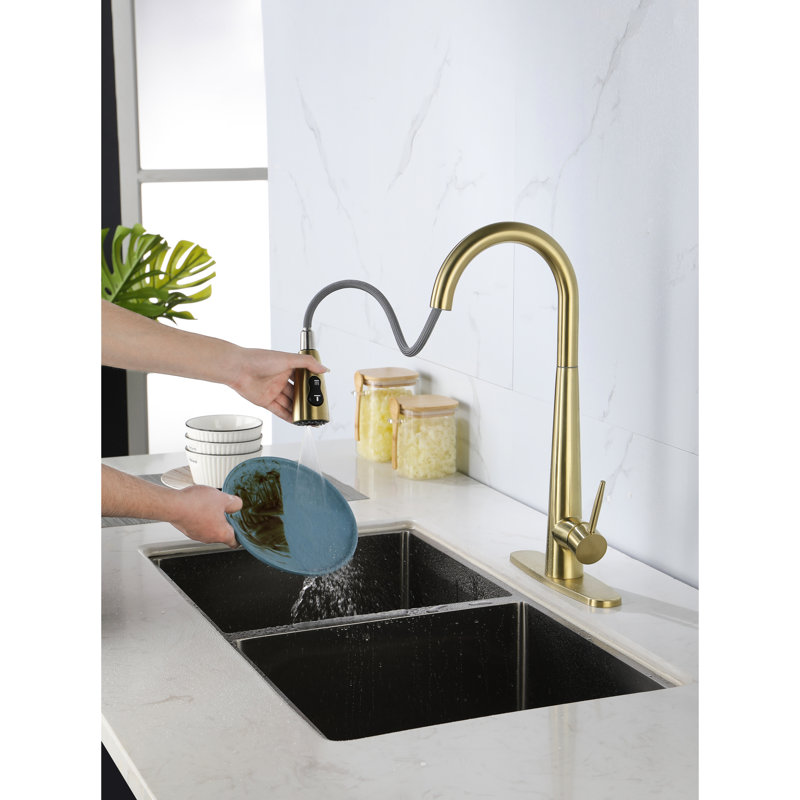 Gold Kitchen Faucet With Pull Down Function - Fingerprint, Deck Mounted Single Hole, 360 Rotatable Water Jet, Stainless Steel Spray In Golden Shade Swiveling Discharge Nozzle,
