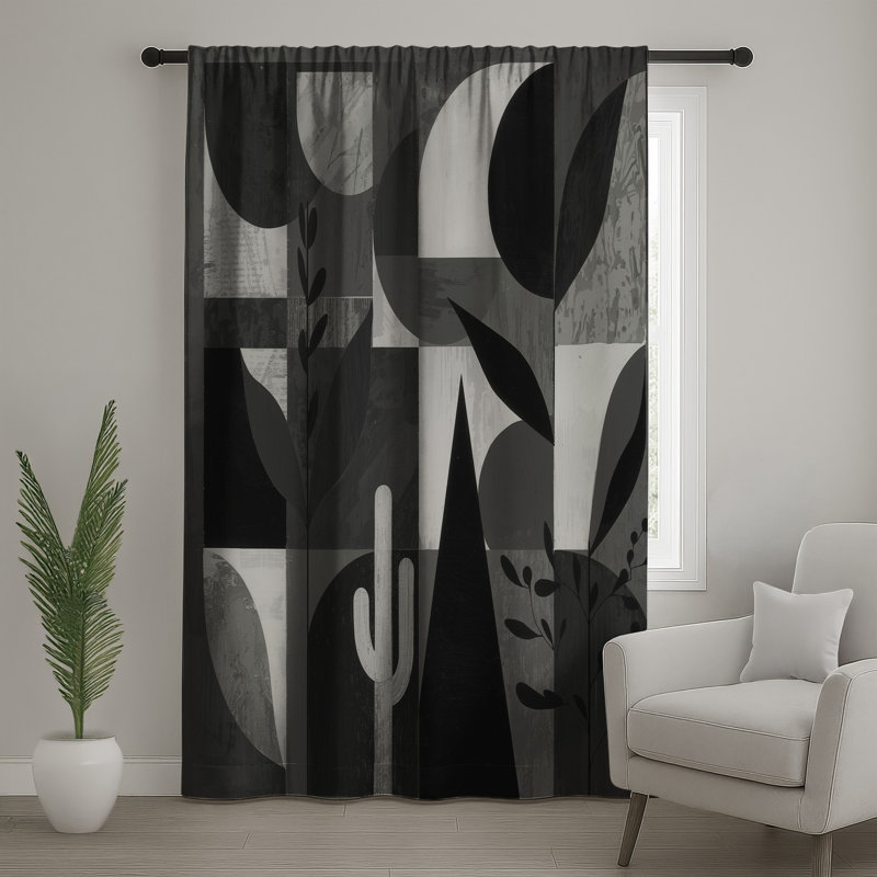 Rideaux de fenêtre monochromes à motif géométrique de feuilles de cactus, voilages et voilages à motif géométrique - 1 panneau