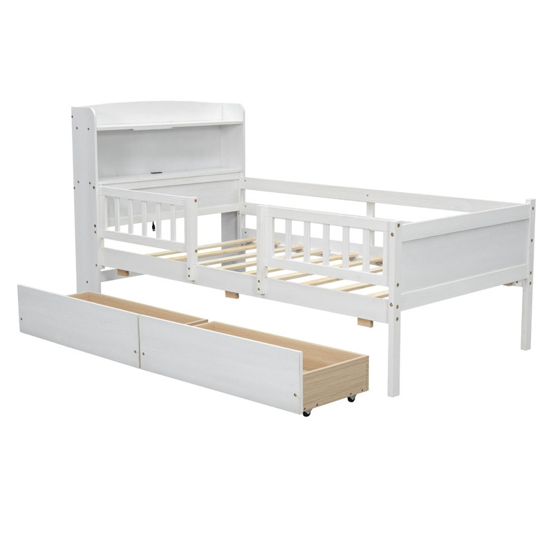 Twin Size Wood Platform Bed with LED Light, USB & Type-C Ports, Storage Headboard, Guardrails & 2 Drawers, White