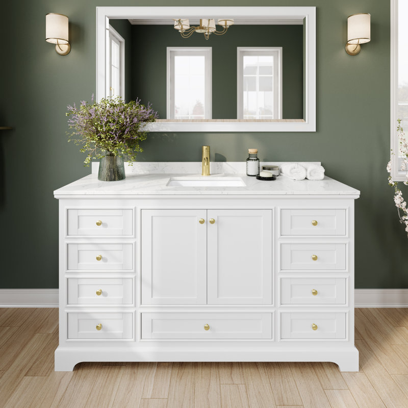 Ensemble de meuble-lavabo simple 60 "avec miroir Deborah, Marbre de culture de Carrare, Blanc/or brossé