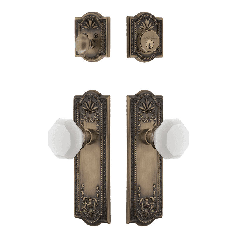 Nostalgic Warehouse Meadows Entry Set with White Waldorf Crystal Knob, Antique Brass, 2.375
