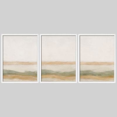 «Neutral Horizon Landscape», ensemble de 3 reproductions d'art encadrées murales - Beige doux et sauge