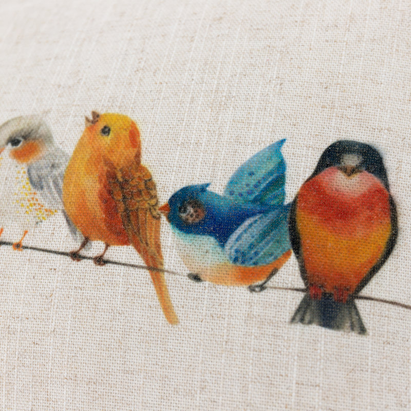 Housse de coussin en lin Birds, Blanc / bleu / noir / orange, H 12 pi x l 18 po, Rectangulaire