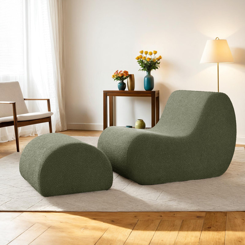 Fauteuil d'appoint avec repose-pieds Modern Wave, Mélange de polyester vert olive