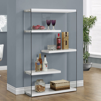 Bibliothèque, bibliothèque, étagère, 5 niveaux, H 60 po, bureau, chambre à coucher, stratifié blanc brillant, verre trempé transparent, contemporain, moderne