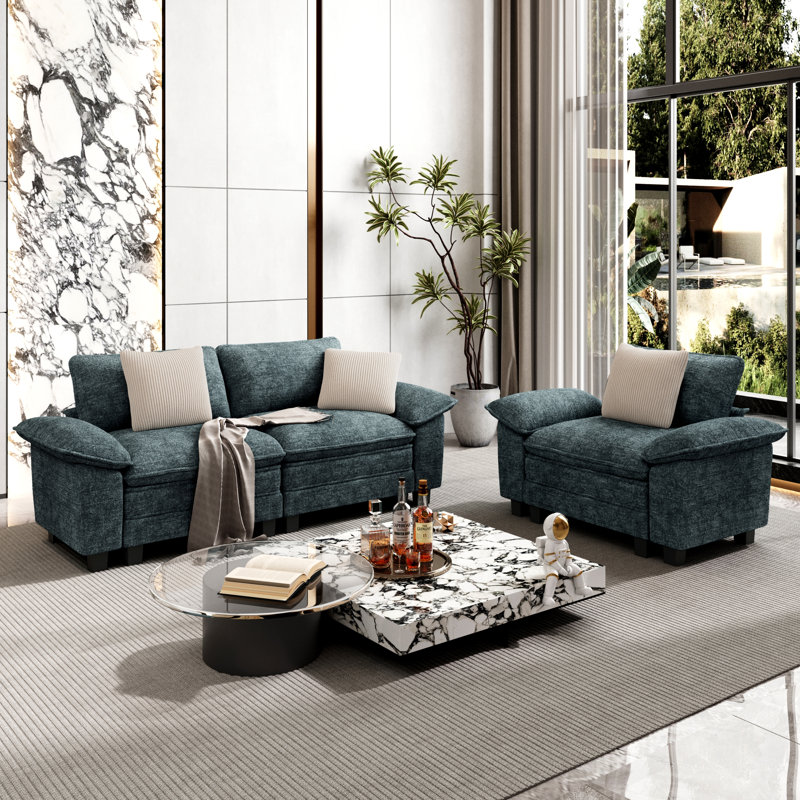 Ensemble de canapé modulaire rembourré 2 pièces, ensemble de canapé surdimensionné avec causeuse et fauteuil, Chenille verte