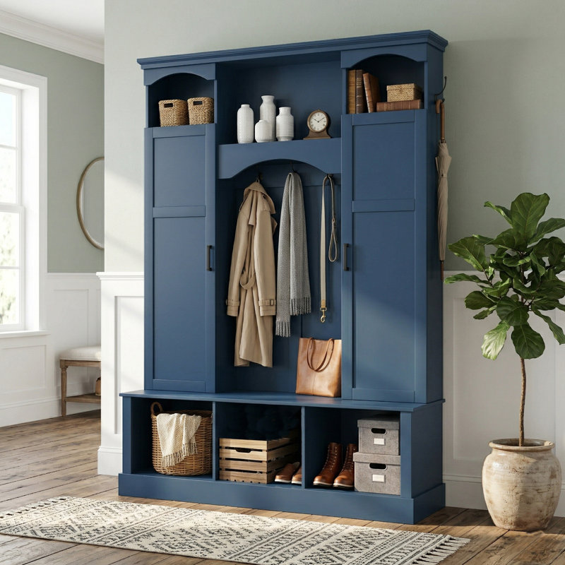 55" Wide Modern All-In-One Hall Tree With Wardrobe, Farmhouse Entryway Storage Bench With 7 Hooks For Mudroom, Blue