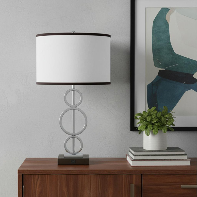 29" Silver Metal Bedside Geo Table Lamp With White and Black Trim Classic Drum Shade, 29" H x 16" W x 16" D