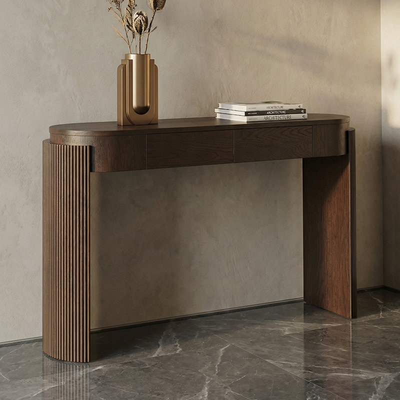Elegant Oval Console Table With Fluted Details & Storage Drawers For Entryway, Espresso Wood