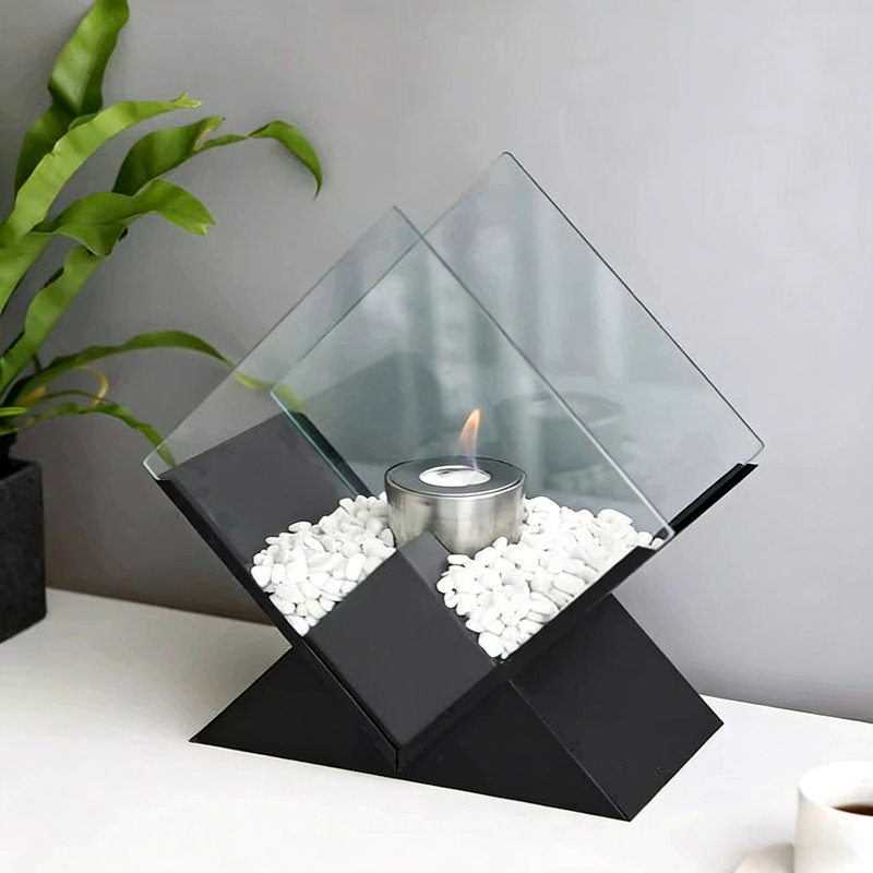 Diamond Glass Large Tabletop Fireplace 10"  Portable Fire Bowl Pot Clean Burning Fireplace for Indoor Outdoor Patio Parties Events(Black)
