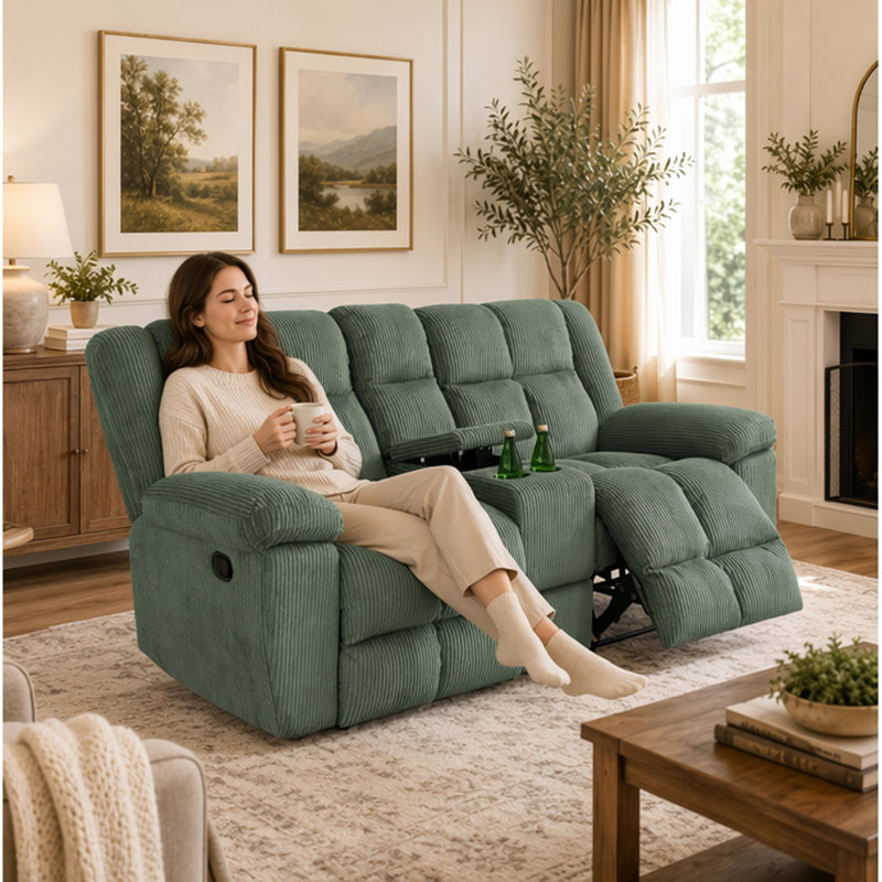 Causeuse inclinable électrique en tissu vert moderne avec sièges moelleux, dossiers de soutien et console centrale, Green