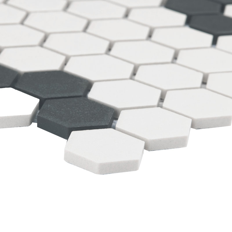 Gotham 1" Hex White with Black Flower 10-1/4" x 11-3/4" Porcelain Mosaic Tile