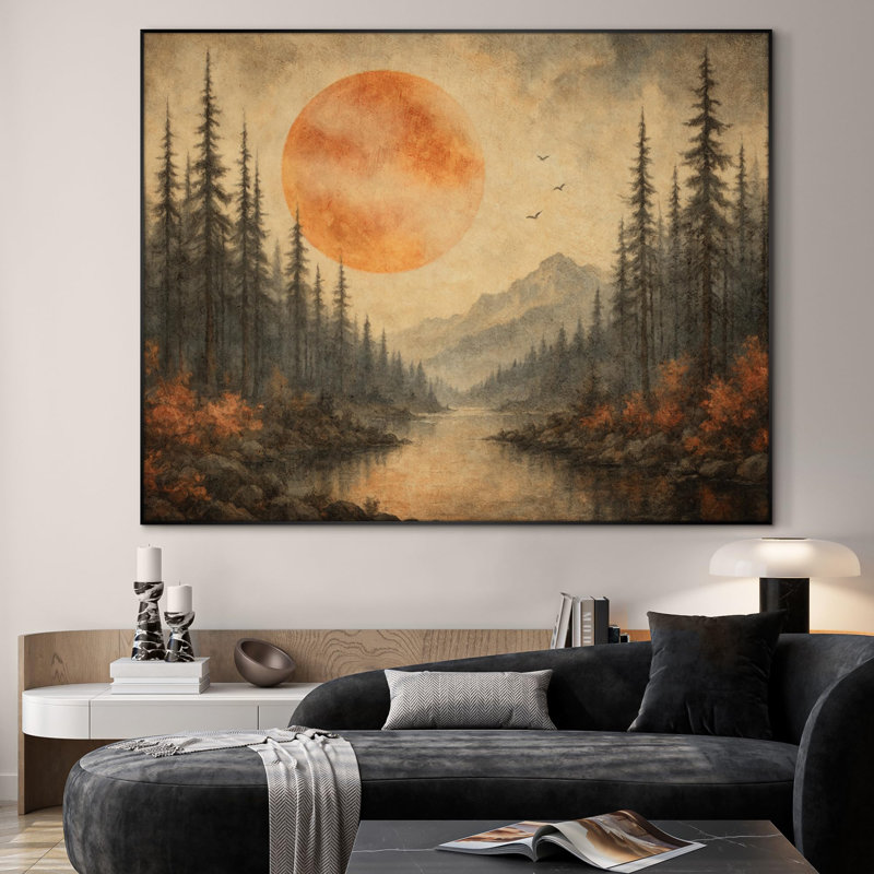Extra Large Wall Art Fabric Print - Rustic Sunset Over Forest and River Landscape Artwork Decor for Living Room or Bedroom - "Frame Assembly Required (Unfinished Frame)"
