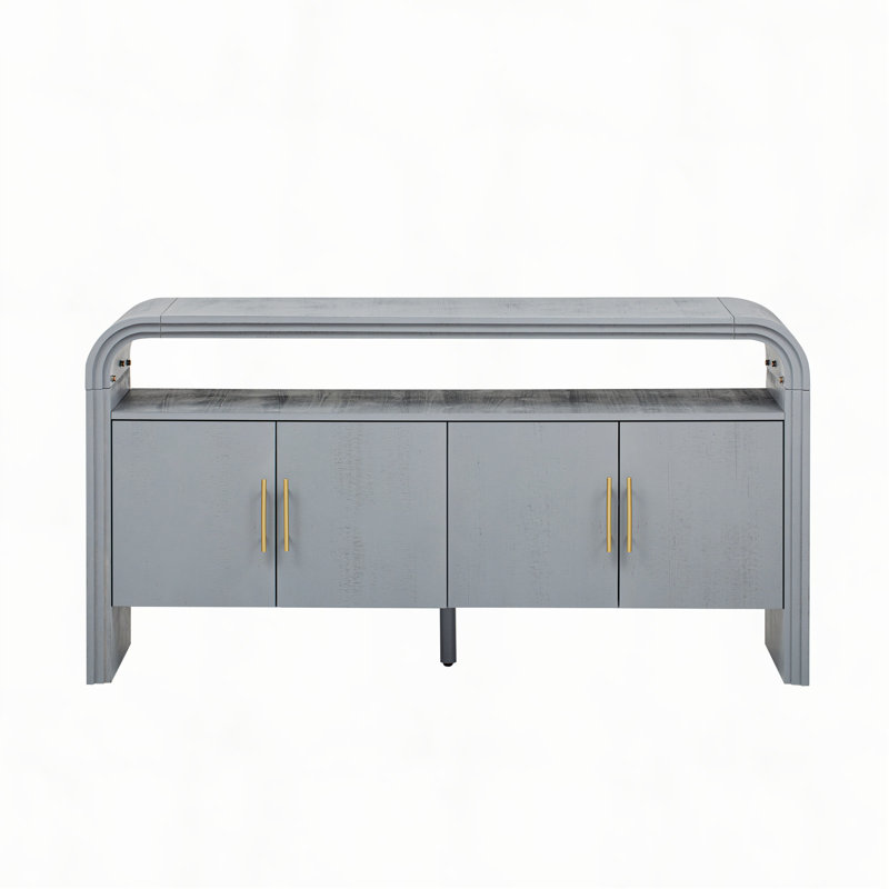 Console élégante à 4 portes avec texture gaufrée naturelle, bord incurvé et poignées en métal, Gris