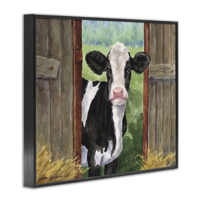 Vache dans une porte en bois giclée, conception par George Dyachenko, H 24 po x l 30 po, Giclée encadrée noir minuit