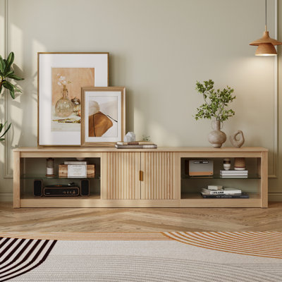 Kruszewski 80" Modern Fluted TV Stand with Adjustable Shelf, LED Media Console for 85 Inch TV, Glossy TV Console with Cabinet