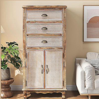 Armoire de rangement rustique en bois avec porte découpée décorative et 3 tiroirs, grand organisateur étroit pour le salon, la chambre à coucher