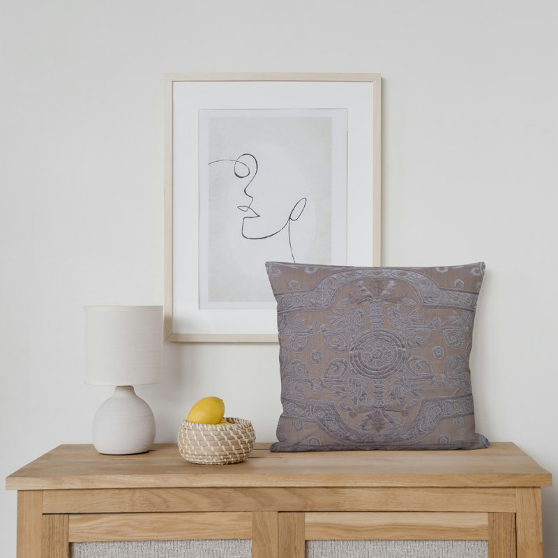 Square Brown and Cream Velvet Applique Embroidered Linen Pillow