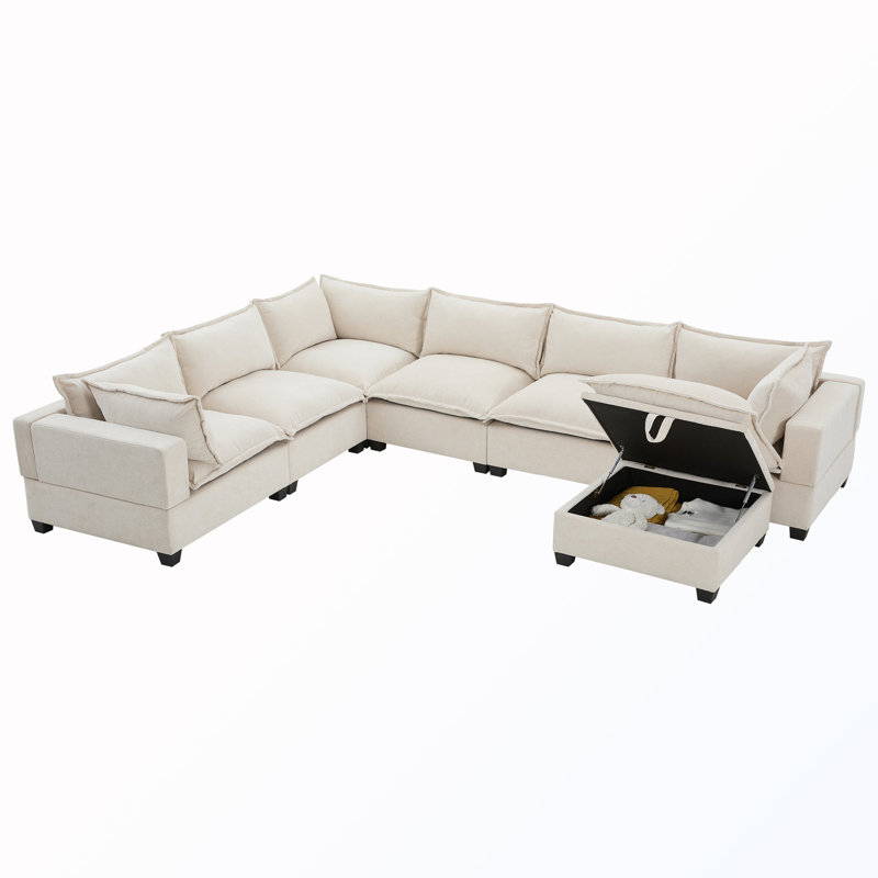Canapé modulaire rembourré en U avec siège et rangement 7 places, Beige Chenille