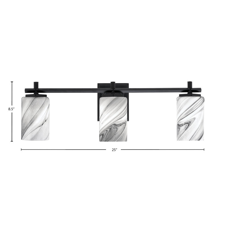 Mariko 2 Light Bath Bar Shown In  With 4" Onyx Swirl Glass, 8.5" H x 25" W x 6.25" D, Matte Black, 3 Lights