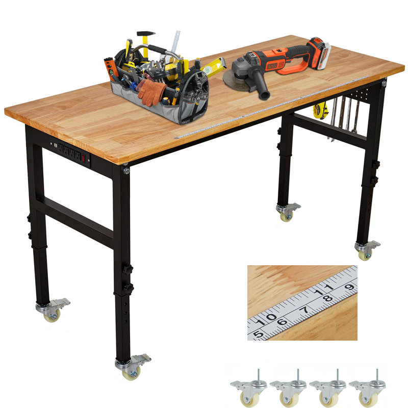 Adjustable Workbench with Power Outlet, Pegboard, Scale & Wheels, Heavy Duty Portable Table for Garage, Workshop, Home
