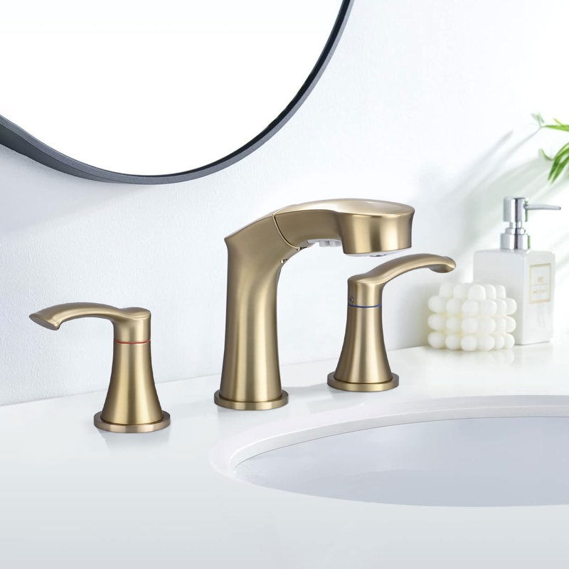 Widespread Faucet 2-handle Bathroom Faucet 3 Hole with Pull Out Sprayer, Brushed Gold
