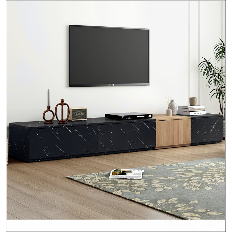 TV Stand with Faux Marble and Walnut Wood Grain Finish for TVs up to 88'', Modern Free-Combination Entertainment Center with 4 Storage Drawers for Living Room,