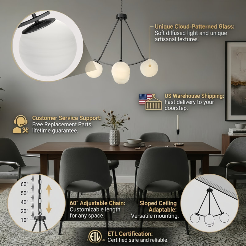 4-light 33"W Black Modern Chandelier for Dining Room, Feature Frosted Globe Glass Shade, Spray Paint Black
