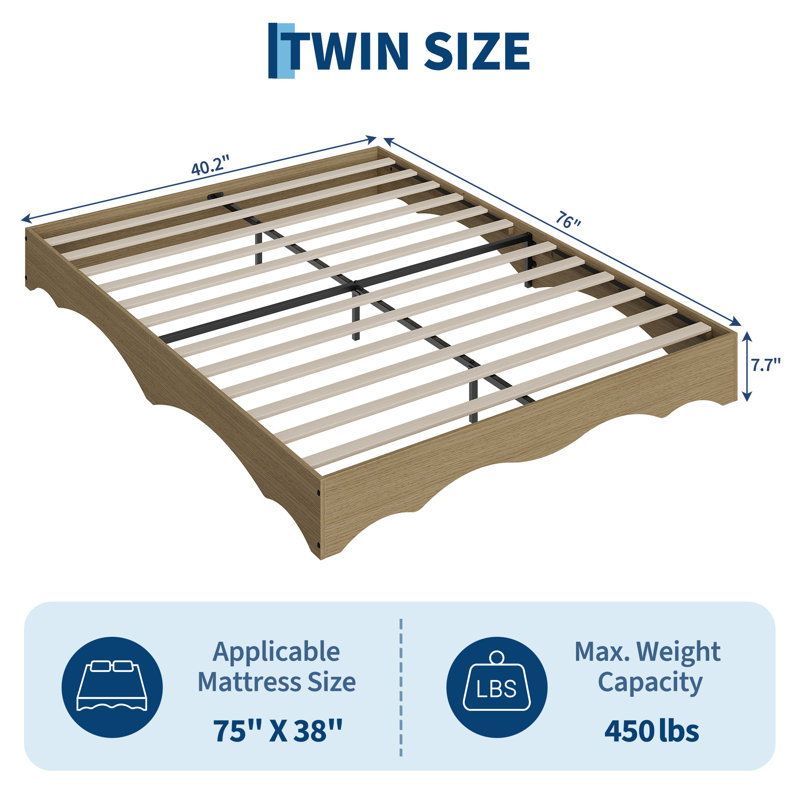 Structure de lit plateforme simple en bois, lit bas Wave Design sans tête de lit, silencieux, naturel, Twin, Tan