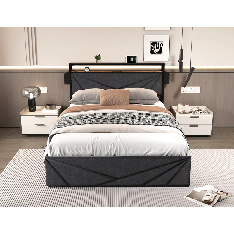 Grand lit avec tête de rangement et éclairage à DEL - luminosité réglable, poids de 88,71 lb, cadre de finition gris noir, lumières pratiques, ports pratiques, +