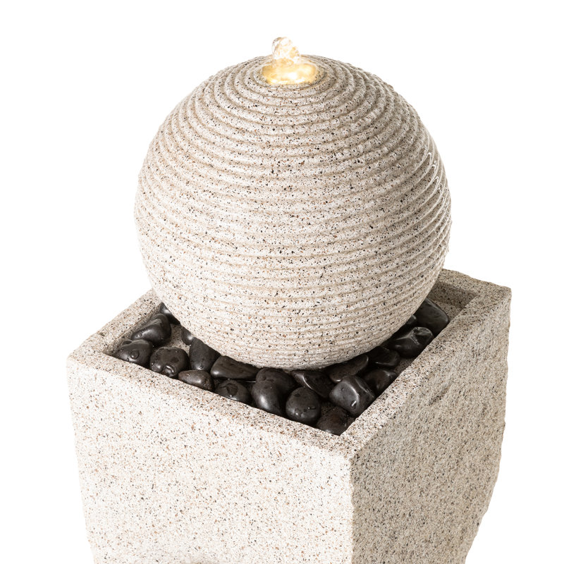Fontaine d'extérieur 36,5 "à piédestal géométrique et sphère moderne en polyrésine avec pompe et lumière DEL (KD), Beige