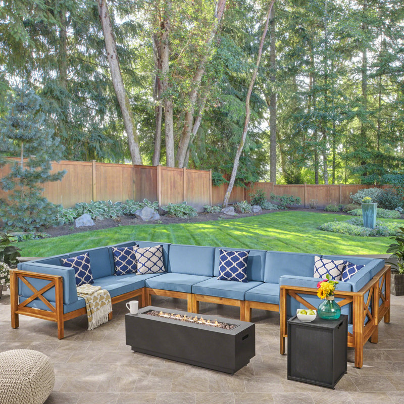 8 - Person Modular Patio Conversation Set with Cushions, Teak Frame / Blue Cushion