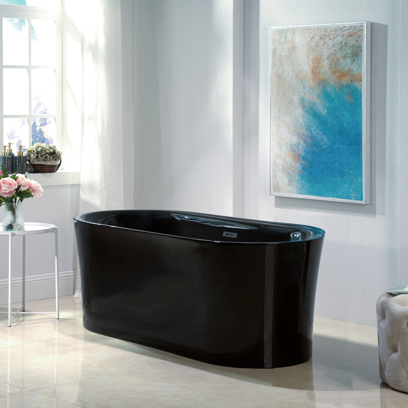 Freestanding Soaking Acrylic Curved Design Bathtub, Glossy Black, Chrome