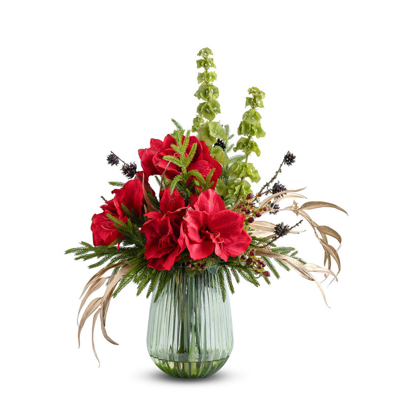 FRESH CUT RED AMARYLLIS IN GREEN GLASS, Red