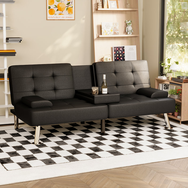 65" Futon Sofa Bed, Faux Leather Convertible Futon Couch with Removable Armrests, Loveseat Futon Sleeper Recliner for Living Room with 2 Cup Holders