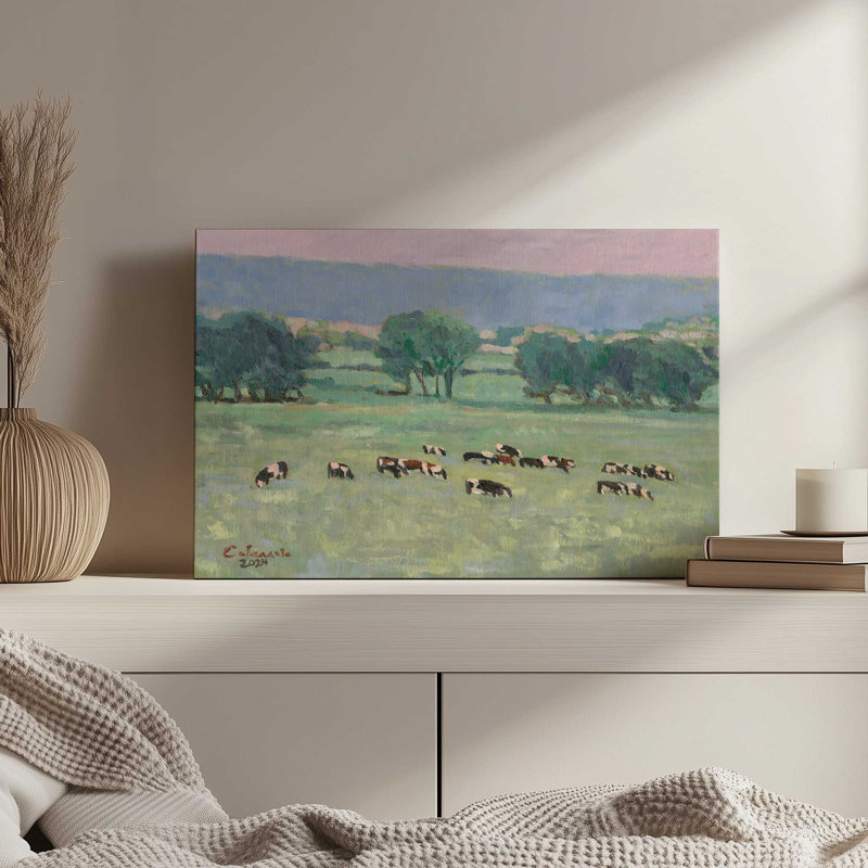 «Somers Cows I» par Stephen Calcasola, reproduction d'art sur toile, 12" H x 18" W, Brun