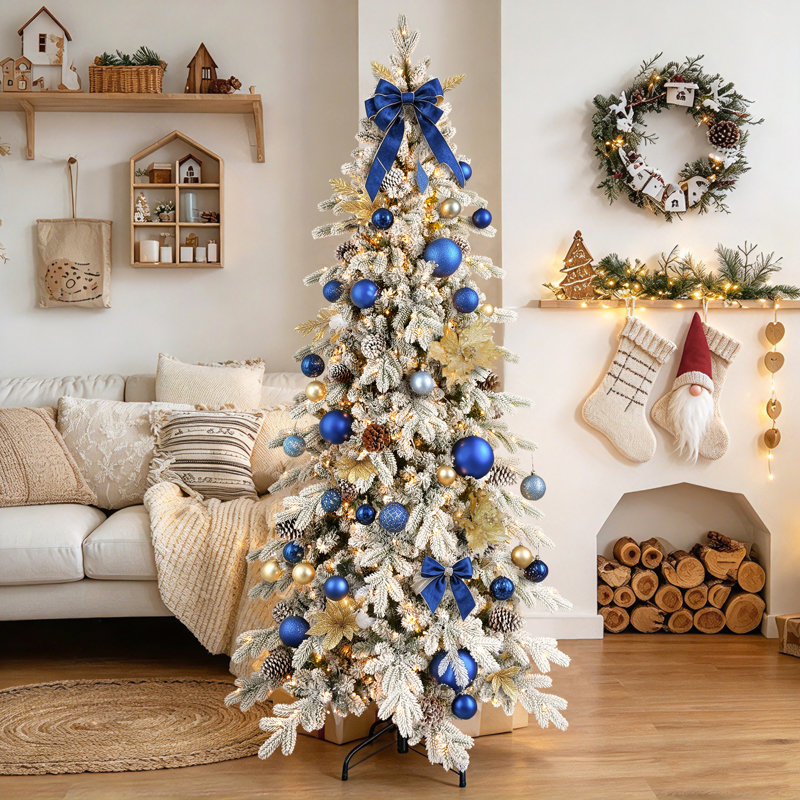 Arbre de Noël pré-éclairé avec pomme de pin, lumières DEL et base en métal, 7.5' H