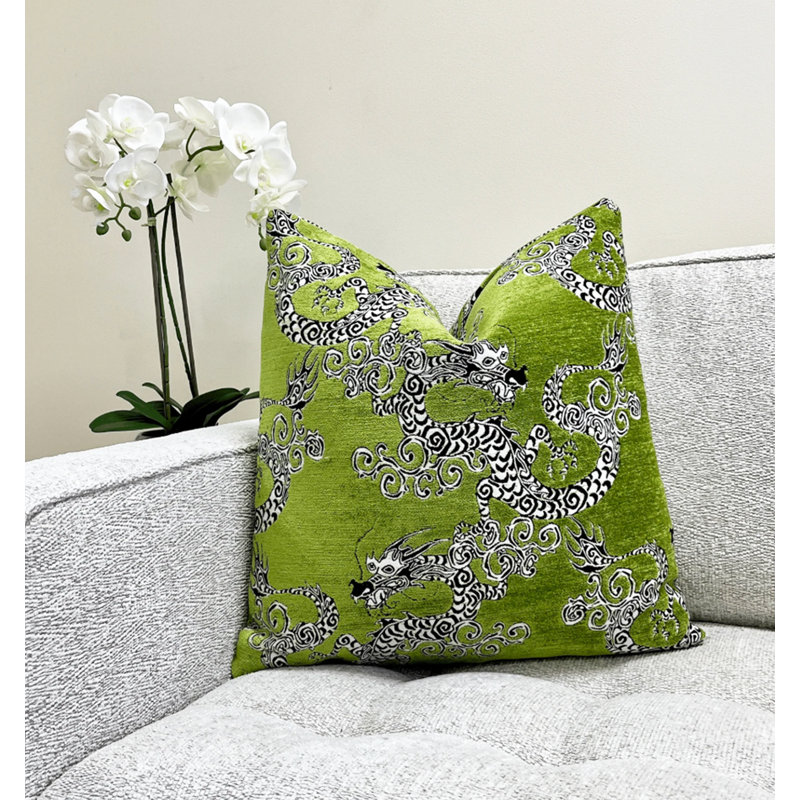 Housse de coussin en chenille brodée, Imprimé animal blanc / vert, H 20 po x l 20 po