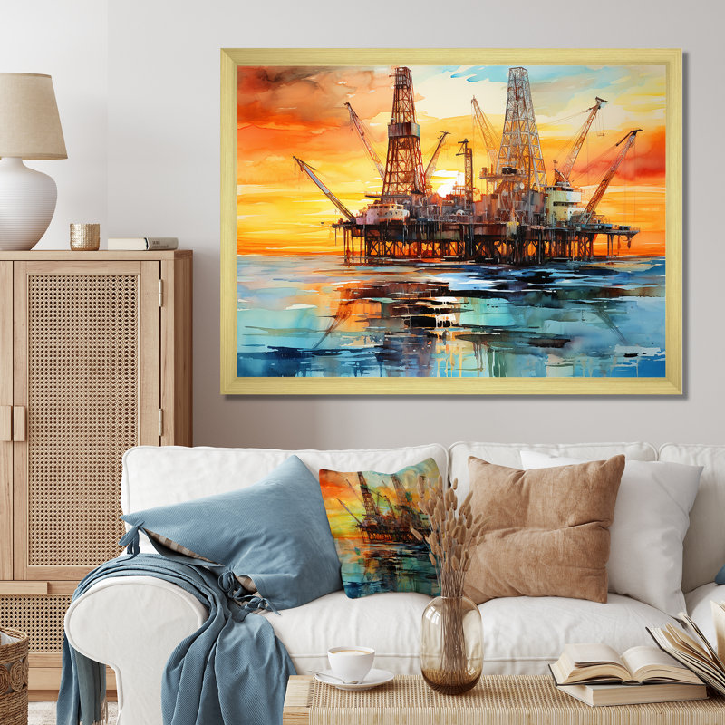 «Modern Ocean», plateforme sur toile, horizon, Cadre doré simple, H 12 po x l 20 po x P 1 po
