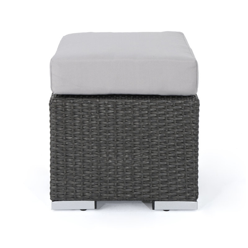 Jossif Resin (All Weather) Wicker/Rattan Outdoor Ottoman, Gray Frame/Silver Cushion