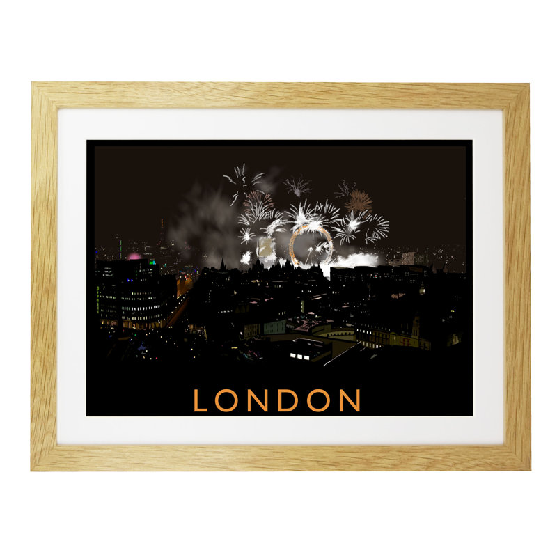 London Fireworks by Richard O'Neil - Print, Oak Wood Frame, 33.5 cm H x 43.5 cm W x 2.2 cm D