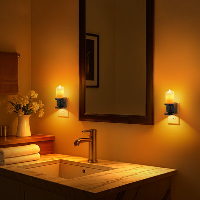 2 Pcs Amber Flickering Flame Candle Night Light With Dimmer