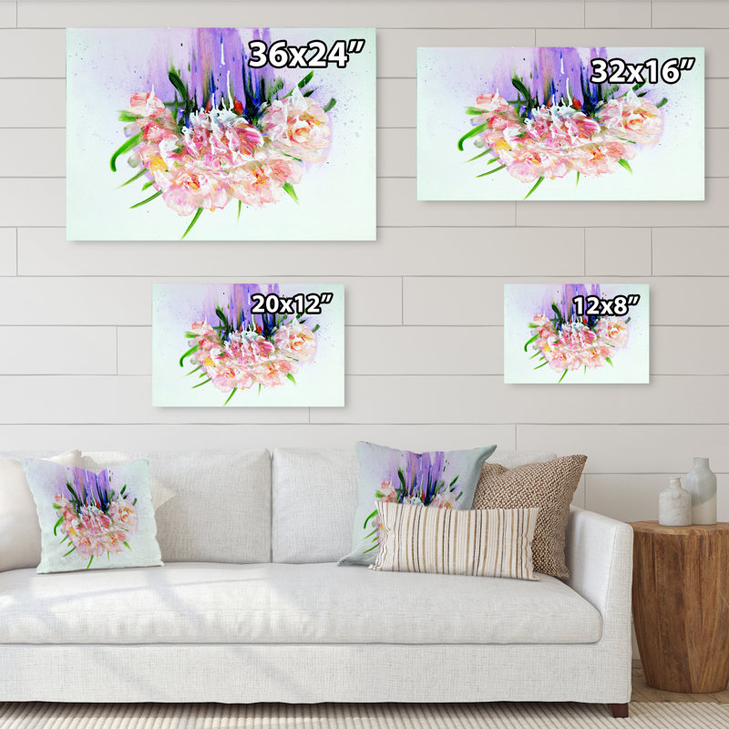 Fleurs de printemps modernes roses et mauves - reproduction sur toile flottante, H 12 po x l 20 po x P 1 po, Toile tendue