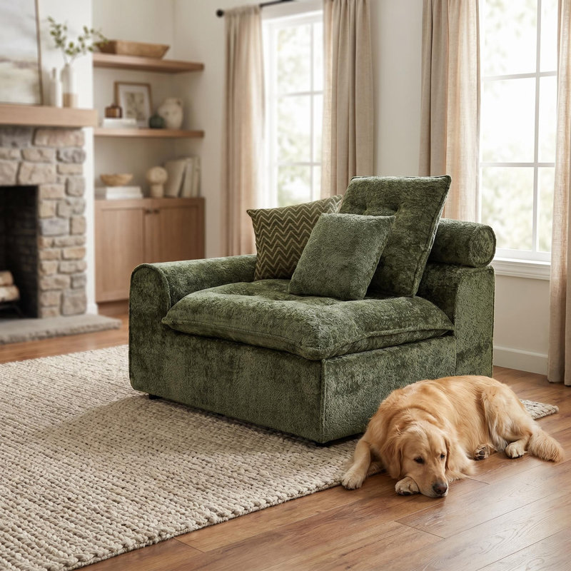 Siège avec accoudoir gauche, 33" H  47" W x 39" D, Green, Green Boucle