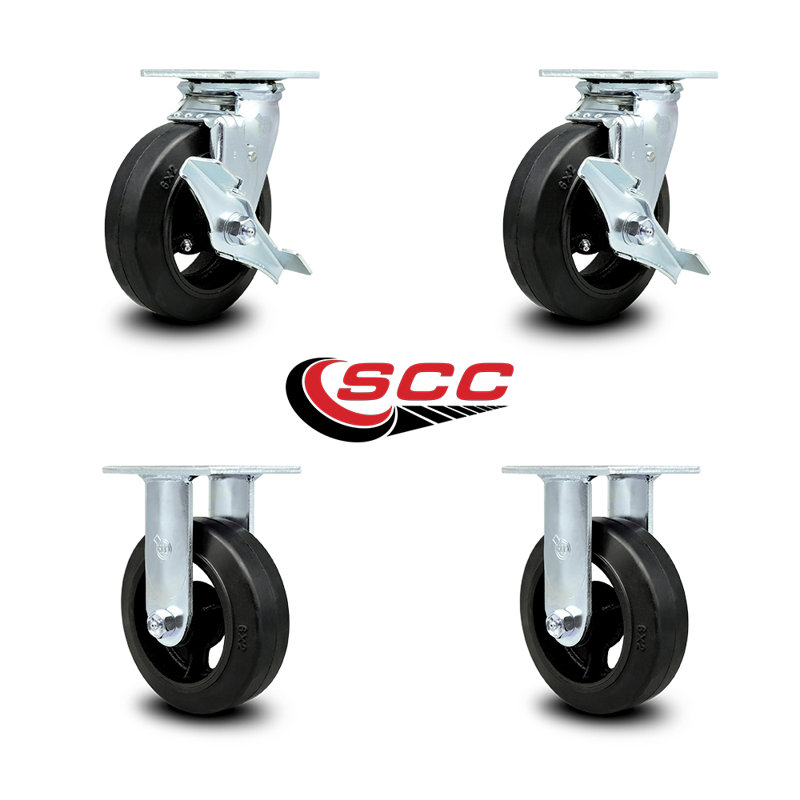 6 Inch Rubber on Steel Caster Set with Roller Bearings 2 Brakes 2 Rigid SCC/SCC-30CS620-RSR-TLB-2-R620-2